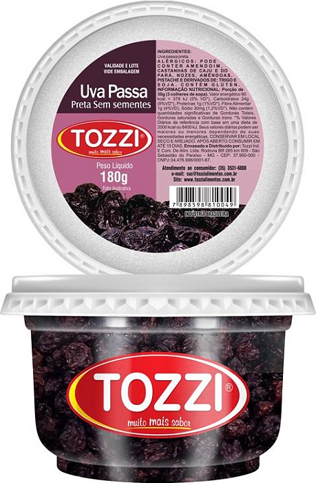 Uva Passa Seca Preta Sem Semente Tozzi Pote 180Gr - Embalagem 12X180 GR - Preço Unitário R$7,85