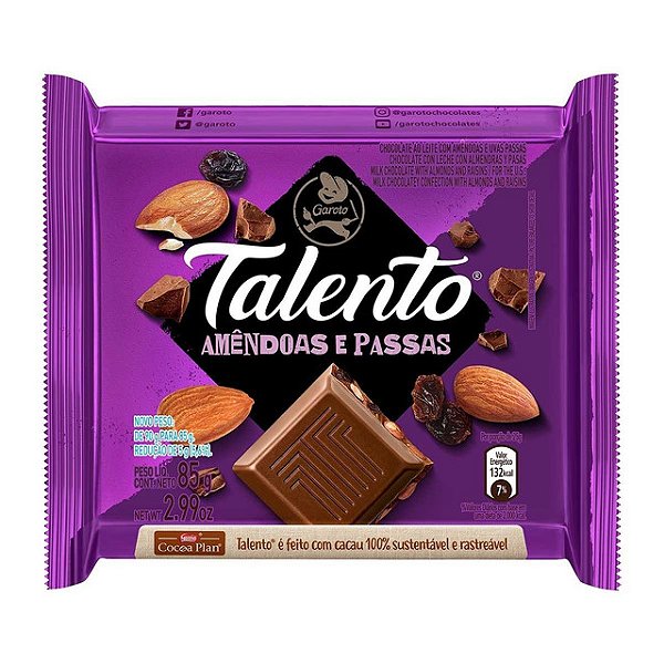 Chocolate Talento Amendoa Passas Roxo 85Gr - Embalagem 12X85 GR - Preço Unitário R$7,80