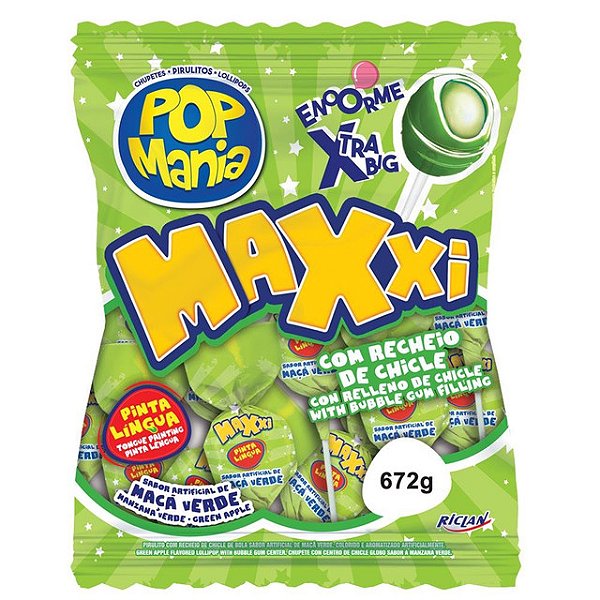 Pirulito Pop Mania Maxxi Maca Verde Com 24 Unidades - Embalagem 1X24 UN