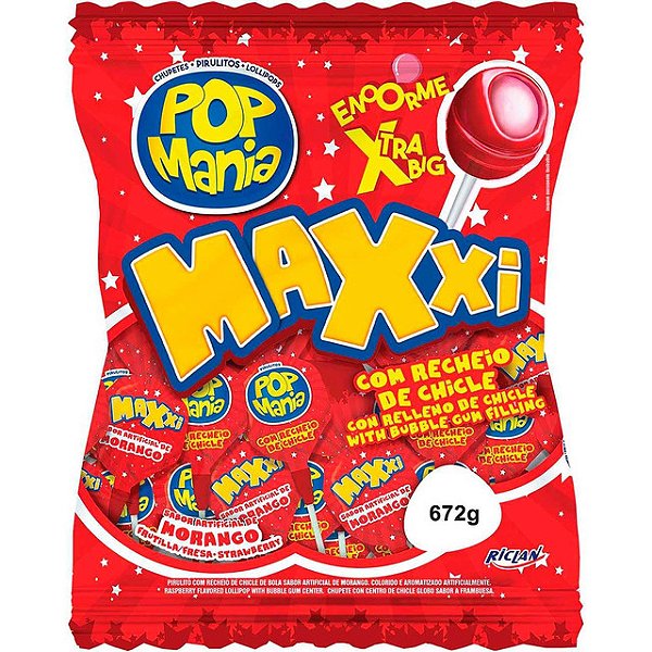 Pirulito Pop Mania Maxxi Morango Com 24 Unidades - Embalagem 1X24 UN