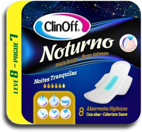 Absorvente Clin Off Cobertura Suave Noturno Com Abas Leve 8 Unidades Pague 7 - Embalagem 12X8 UN - Preço Unitário R$3,24