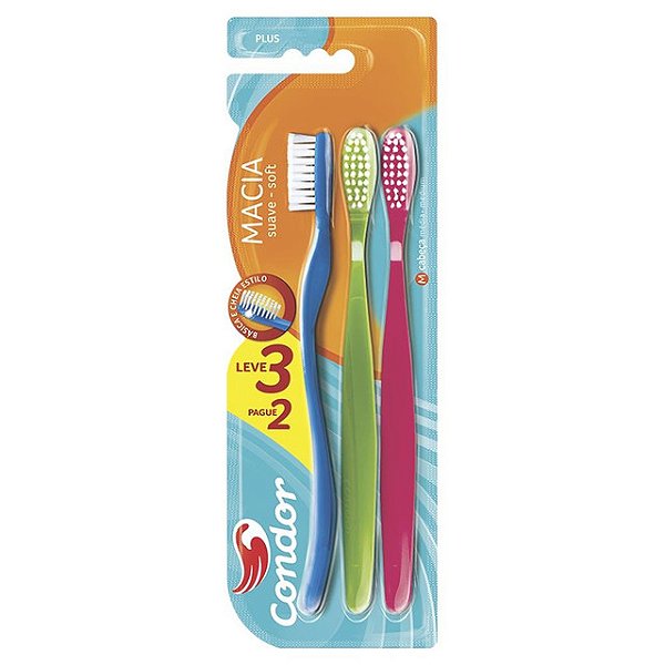 Escova Dental Condor Adulto Mac Plus Leve 3 Unidades Pague 2 - Embalagem 12X1 UN - Preço Unitário R$5,74