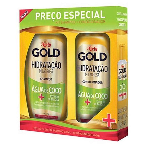 Kit Niely Gold Shampoo 275Ml + Condicionador 175Ml Hidrataçao Milagrosa Agua De Coco - Embalagem 1X2 UN