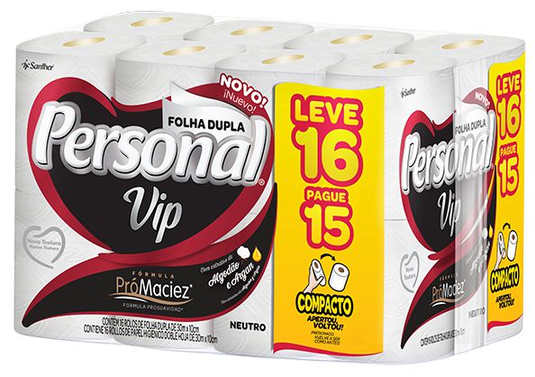 Papel Higienico Economico Personal Folha Dupla 16X30M Vip Neutro Leve 16 Pague 15 - Embalagem 4X16X30 MTS - Preço Unitário R$22,65