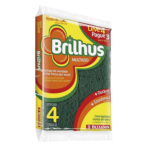 Esponja Bucha Brilhus Dupla Face Leve 4 Unidades Pague 3 - Embalagem 60X4 UN - Preço Unitário R$3,46