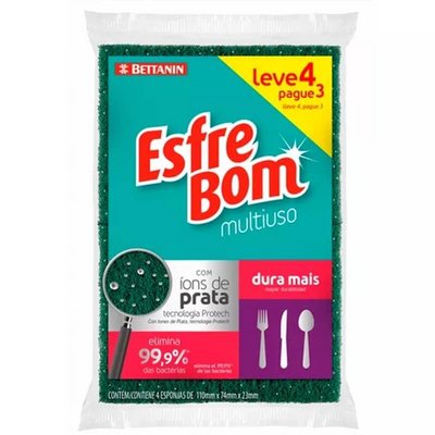 Esponja Bucha Esfrebom Dupla Face Leve 4 Unidades Pague 3 - Embalagem 60X4 UN - Preço Unitário R$4,28