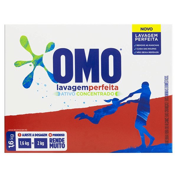 Detergente Lava Roupas Sabao Em Po Omo Caixa Lavagem Perfeita 1,6Kg - Embalagem 9X1,6 KG - Preço Unitário R$17,86