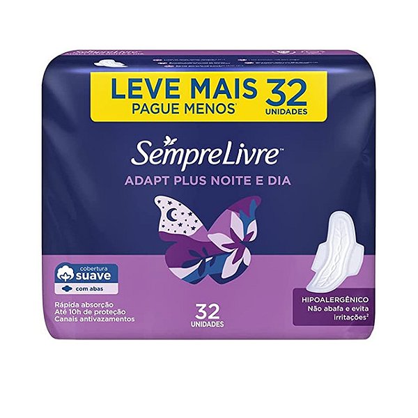 Absorvente Sempre Livre Adapt Plus Noturno Suave Com Abas Com 32 Unidades - Embalagem 1X32 UN
