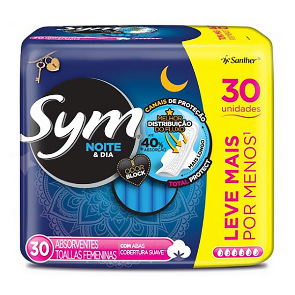 Absorvente Sym Noite Dia Com Abas Cobertura Suave Promocional Anp Com 30 Unidades - Embalagem 1X30 UN