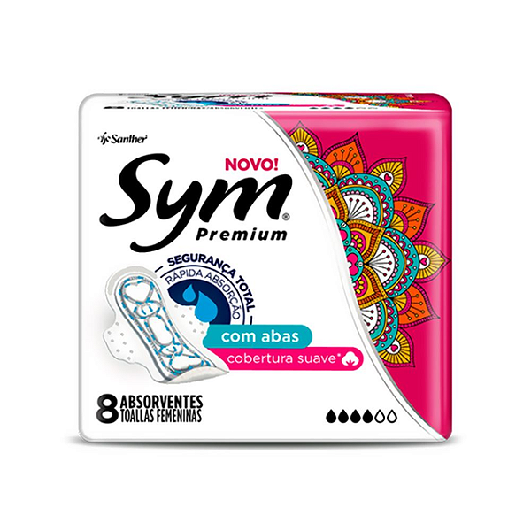 Absorvente Sym Premium Com Abas Cobertura Suave Com 8 Unidades - Embalagem 12X8 UN - Preço Unitário R$4,09