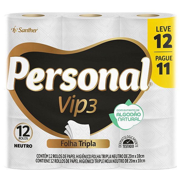 Papel Higienico Personal Vip Folha Tripla 12X20M Neutro Promocional - Embalagem 6X12X20 MTS - Preço Unitário R$16,99
