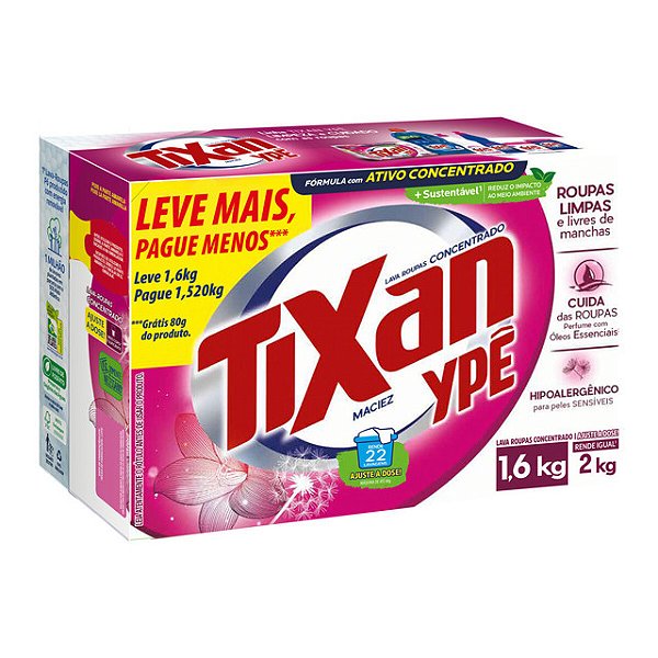 Detergente Lava Roupas Sabao Em Po Tixan Maciez Rosa Promocional Caixa 1,6Kg - Embalagem 9X1,6 KG - Preço Unitário R$15,01