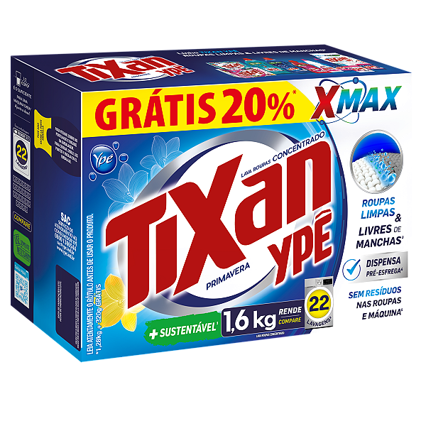 Detergente Lava Roupas Sabao Em Po Tixan Primavera Promocional Caixa 1,6Kg - Embalagem 9X1,6 KG - Preço Unitário R$15,01