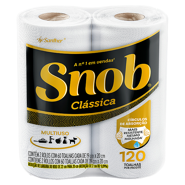 Toalhas De Papel Snob Folha Dupla Branca - 2 Rolos Com 60 Toalhas Cada - Embalagem 12X2 UN - Preço Unitário R$6,04