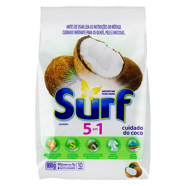 Detergente Lava Roupas Sabao Em Po Surf 5 Em 1 Cuidado Do Coco Sache 800Gr - Embalagem 16X800 GR - Preço Unitário R$8,82