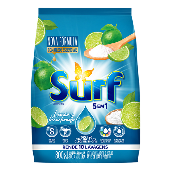 Detergente Lava Roupas Sabao Em Po Surf 5 Em 1 Limao E Bicarbonato Sache 800Gr - Embalagem 16X800 GR - Preço Unitário R$8,82