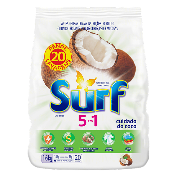 Detergente Lava Roupas Sabao Em Po Surf 5 Em 1 Cuidado Do Coco Sache 1,6Kg - Embalagem 7X1,6 KG - Preço Unitário R$16,09
