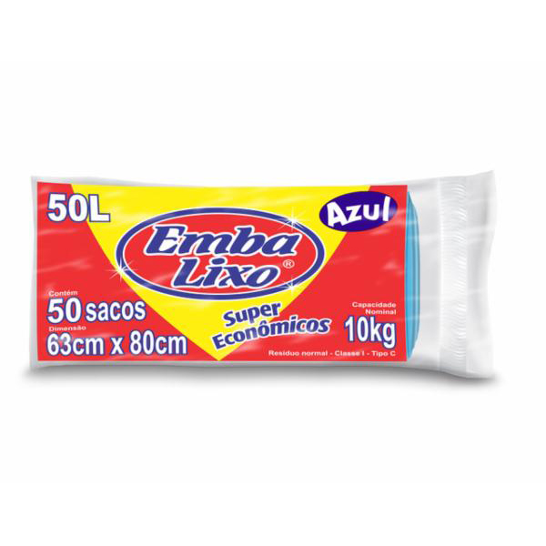 Saco Para Lixo Rolo Embalixo Super Economico Azul 50 Litros  63X80Cm Com 50 Sacos - Embalagem 10X50 UN - Preço Unitário R$10,30