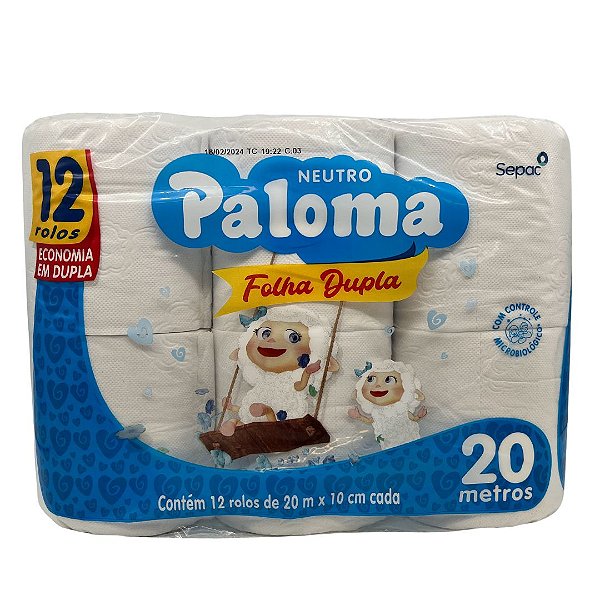 Papel Higienico Paloma Branco Neutro Folha Dupla 12X20M - Embalagem 6X12X20 MTS - Preço Unitário R$13,20