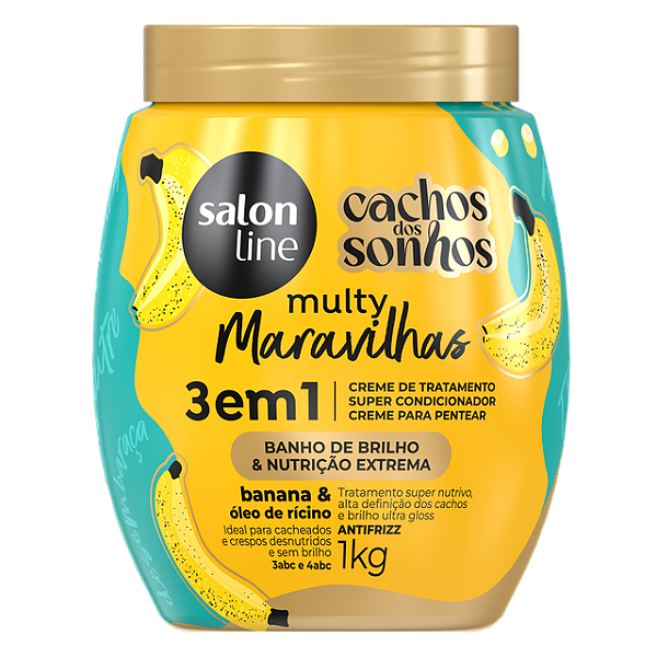 Creme De Cabelo Para Pentear Salon Line Cachos Dos Sonhos Multy Maravilhas 3 Em 1 Banana E Oleo De Ricino Banho De Brilho E Nutricao Extrema 1Kg - Embalagem 1X1 KG