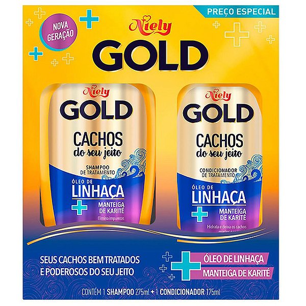 Kit Niely Gold Shampoo 275Ml + Condicionador 175Ml Cachos Do Seu Jeito Oleo De Linhaça E Manteiga De Karite - Embalagem 1X2 UN