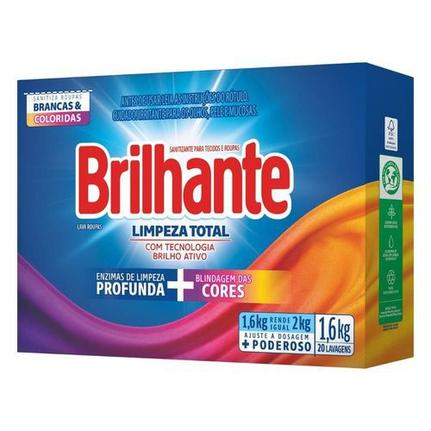 Detergente Lava Roupas Sabao Em Po Brilhante Caixa Limpeza Total 1,6Kg - Embalagem 9X1,6 KG - Preço Unitário R$16,92