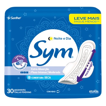 Absorvente Sym Noturno Com Abas Cobertura Seca Com 30 Unidades - Embalagem 1X30 UN