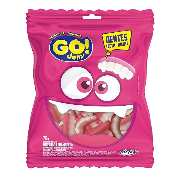 Bala De Gelatina Go Jelly Dentes Morango E Framboesa 70Gr - Embalagem 12X70 GR - Preço Unitário R$3,84