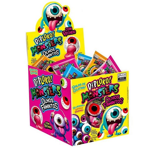 Bala De Gelatina Mastigavel Diploko Monsters Olhos Famintos Recheada Sortida 12Gr - Embalagem 24X12 GR - Preço Unitário R$2,72