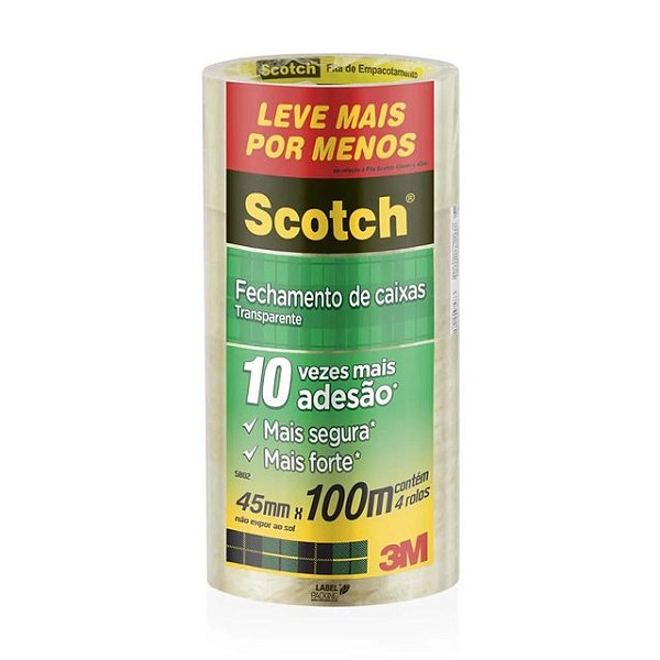 Fita Adesiva Scotch 3M 45Mm X 100 Metros Transparente Larga - Embalagem 4X1 UN - Preço Unitário R$11,48