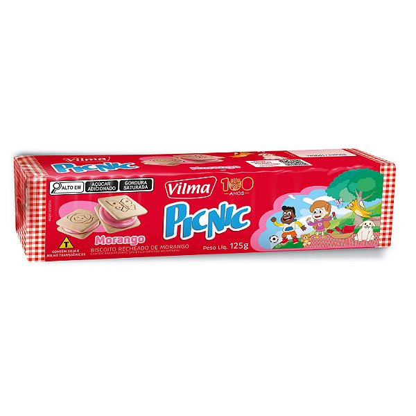 Biscoito Recheado Vilma Picnic Morango 125Gr - Embalagem 30X125GR - Preço Unitário R$2,42