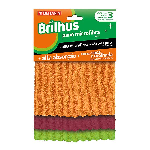Pano Flanela Multiuso Microfibra Brilhus Alta Absorcao 30X30Cm Com 3 Unidades - Embalagem 1X3 UN