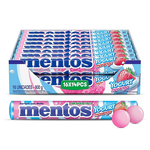 Drops Mentos Yogurt Morango Display Com 16 - Embalagem 16X1 UN - Preço Unitário R$2,51