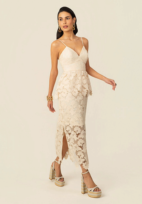 Vestido Midi em Renda com decote V Aruba
