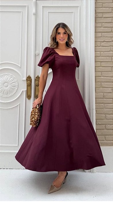 Vestidos Recortes Evase Manga Balonê