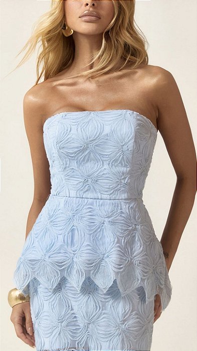 Vestido Tomara que Caia Azul com Renda e paêtes