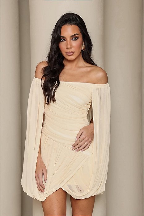 Vestido Ombro a Ombro Plissado Creme