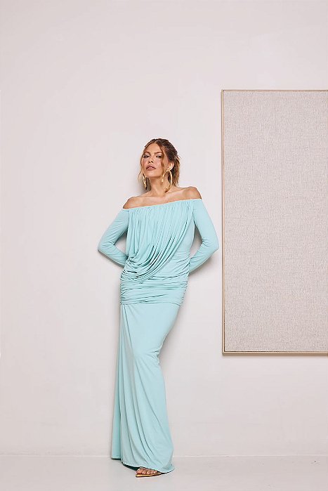 Vestido Longo Azul com Ombro a Ombro