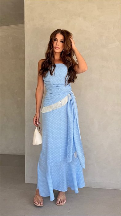 Vestido Longo Azul Com Babados e Franjas