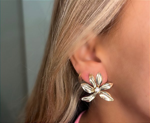 Brinco Gold Flower Zircônia