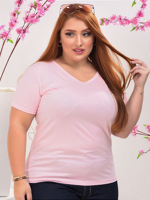 T-shirt Gola V Plus Size Algodão  Rosa BB