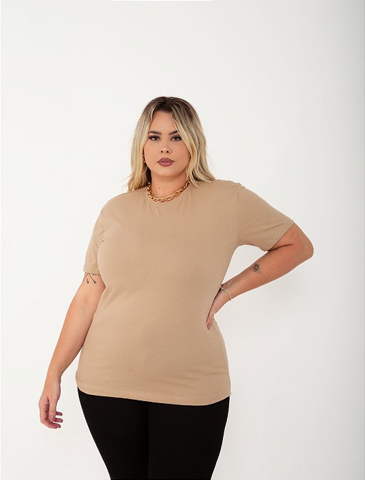 T-shirt Gola Redonda Plus Size Algodão Canela