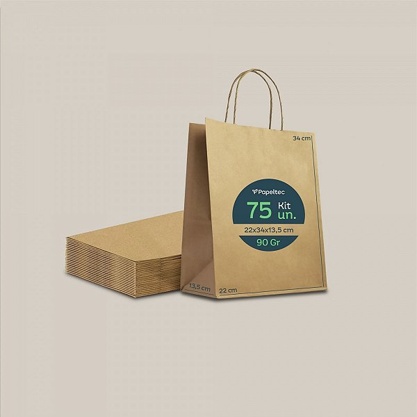 Sacola de Papel Kraft Delivery com Alça - 22x34x13,5cm - 75un