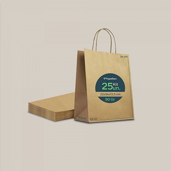 Sacola de Papel Kraft Delivery com Alça - 22x34x13,5cm - 25un