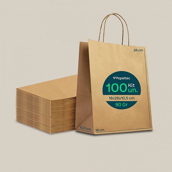 Sacola de Papel Kraft Delivery com Alça - 18x26x10,5cm  - 100un