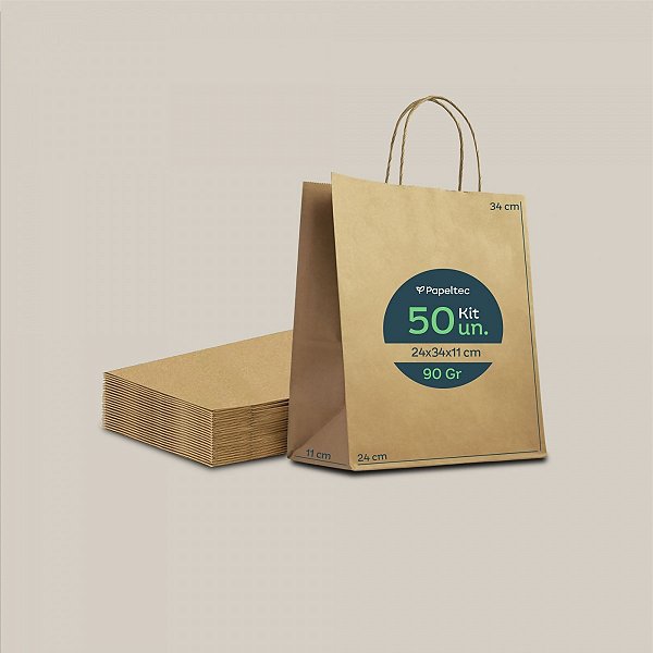 Sacola de Papel Kraft Delivery com Alça - 24x34x11cm - 50un
