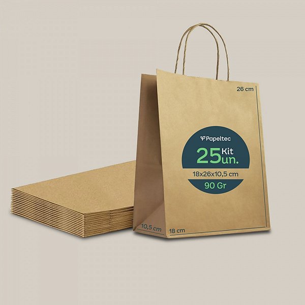Sacola de Papel Kraft Delivery com Alça - 18x26x10,5cm  - 25un