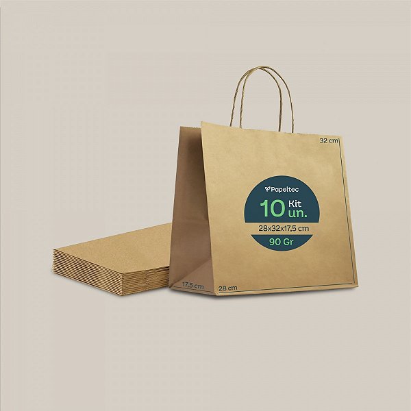 Sacola de Papel Kraft Delivery com Alça - 28x32x17,5cm - 10un