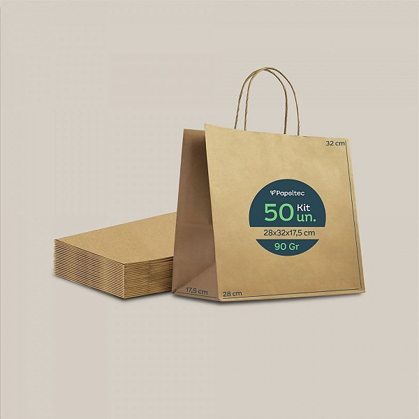 Sacola de Papel Kraft Delivery com Alça - 28x32x17,5cm - 50un