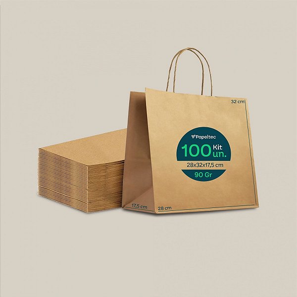 Sacola de Papel Kraft Delivery com Alça - 28x32x17,5cm - 100un
